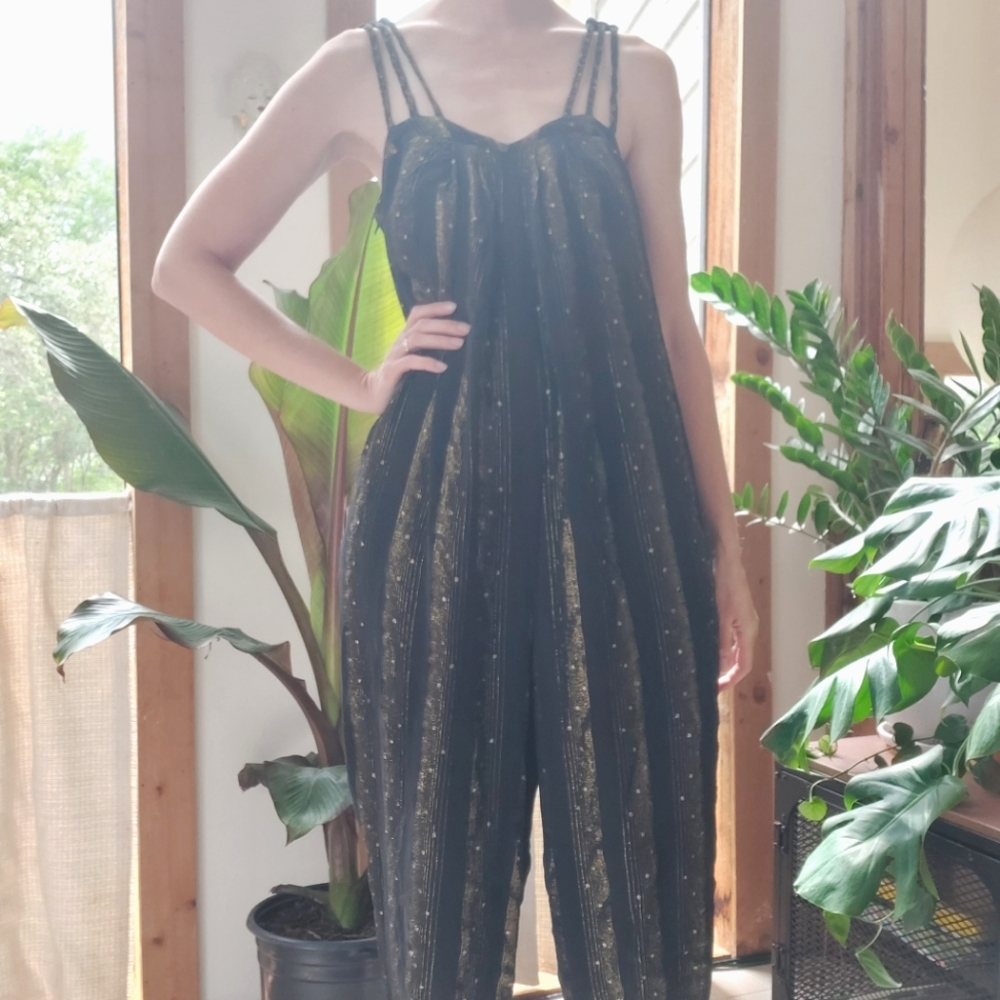 Awesome Vintage Disco Jumpsuit Gold Braided Straps